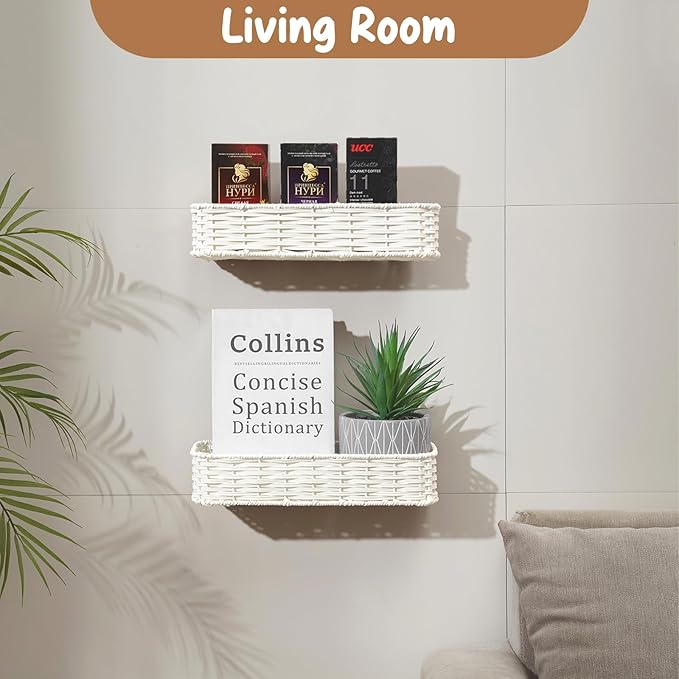 Hanging Wall Basket, Adhesive Wall-Mounted Organizer for Storage, Plastic Wicker Woven Storage Shelves for Kitchen, Bedroom, Bathroom, Livingroom, 2-Pack, Off White Color