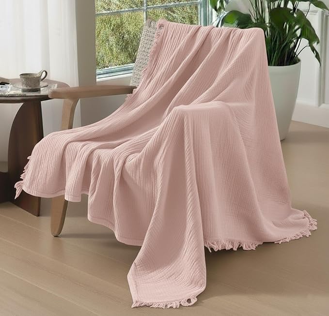 KyraHome 100% Organic Cotton Fall Throw Blankets for Adults, Girls, 60"x80", Plant Dyed, Breathable Lightweight Gauze Large Muslin Blankets for Women, Kids, Napping, All Season (Soft Pink)