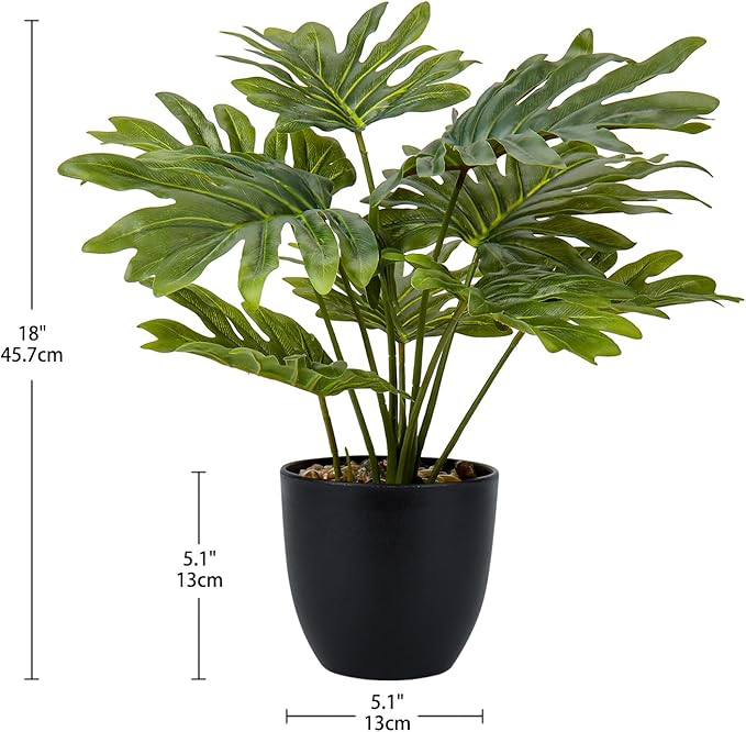 Briful Artificial Monstera Plant in Black Pot, 18" Tall Faux Tropical Greenery Potted Philodendron Plant for Home Office Tabletop Shelf Decoration