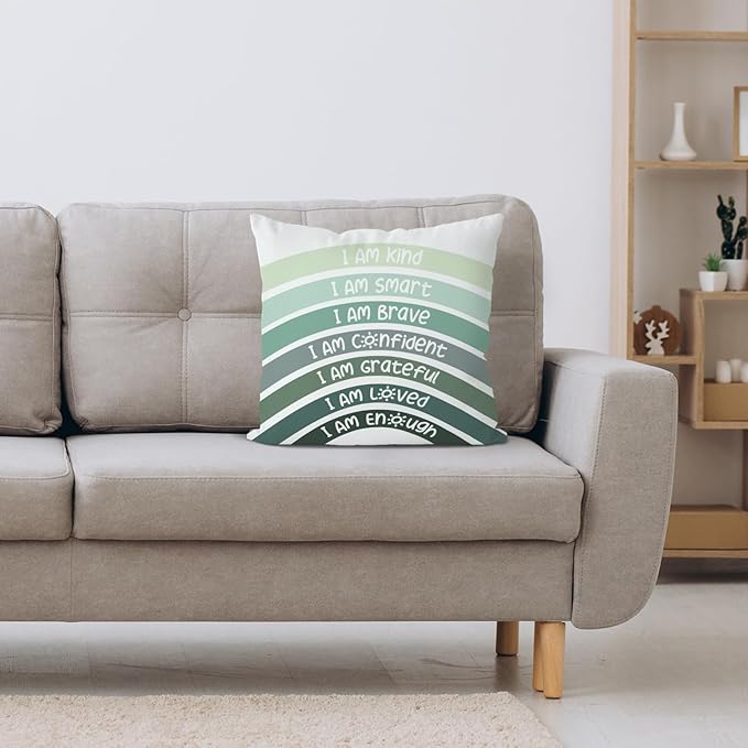 QIYUHOY Boho Sage Eucalyptus Green Rainbow Classroom Throw Pillow Covers, Olive Green Pillow Cover, Book Center Calming Corner Playroom Decor Pillow Case,I Am Kind Smart Brave Confidence,20x20 Inch