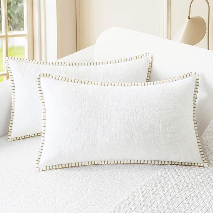 CaliTime Throw Pillow Covers Decorative 12 X 20 Inches Pack of 2 Cotton Thread Stitching Edges Solid Dyed Soft Chenille Cushion Cases for Couch Sofa Bed Living Room Farmhouse True White