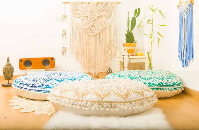 Mandala Life ART Yoga Decor Floor Cushion Cover - Round Meditation Pillow Case - Hand Printed Organic Cotton Pouf