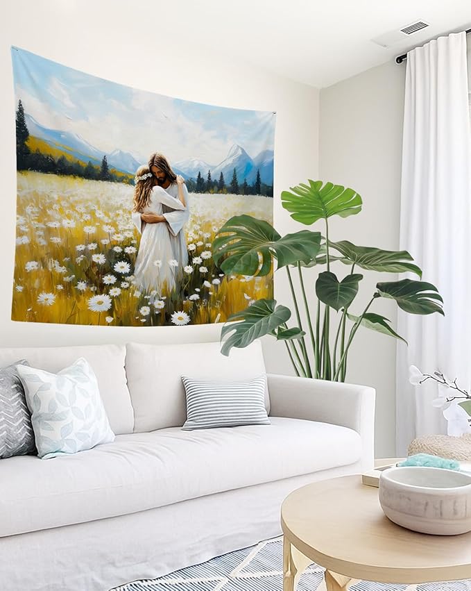 bitCNY Jesus Embracing Woman Tapestry 60x50 Inches – Inspirational Christian Wall Art, Flower Field Tapestry for Bedroom Living Room, Faith and Hope Decor