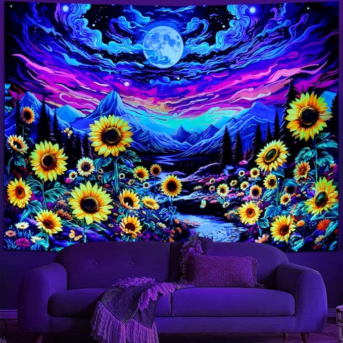 Dermijer Blacklight Moon Sunflower Tapestry Starry Night Mountian UV Reactive Wall Hanging Tapestries Galaxy Space Nature Landscape Tapestry for Home Decor 59.1L x 51.2W