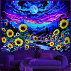 Dermijer Blacklight Moon Sunflower Tapestry Starry Night Mountian UV Reactive Wall Hanging Tapestries Galaxy Space Nature Landscape Tapestry for Home Decor 78.7L x 59.1W