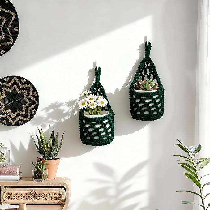 Macrame Wall Plant Hanger, Hanging Planter Basket Holder, Wall Planters for Indoor Plants, for Up to 4 Inch Pot (Green, 4-Inch)