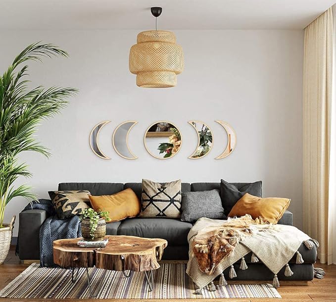 MAXROCK Moon Phase Mirror Set, 5 Piece Scandinavian Natural Decor Wall Decorative Home Decor Bohemian Moon Mirror for Living Room Bedroom, Acrylic Mirror, Not Real Mirror