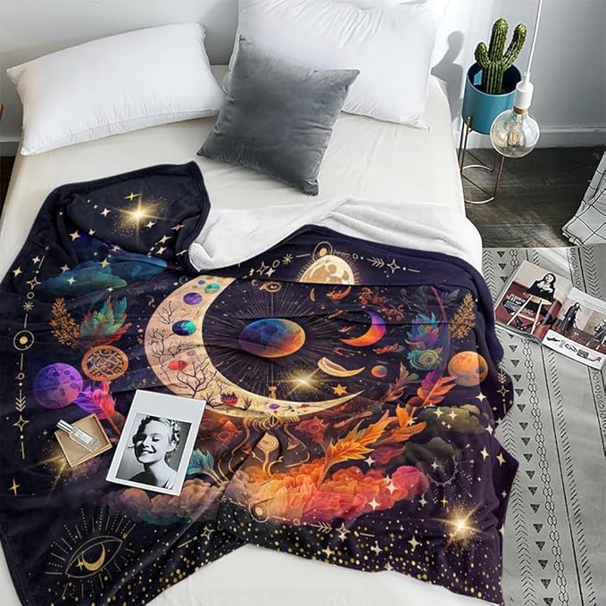 Hippie Throw Blanket Sun Moon Stars Boho Throw Blankets Celestial Blankets Double-Sided Polyesters Home Decor Bedding Chair Couch Recliner Cover Hippie Room Decor Black Purple 50"X60"