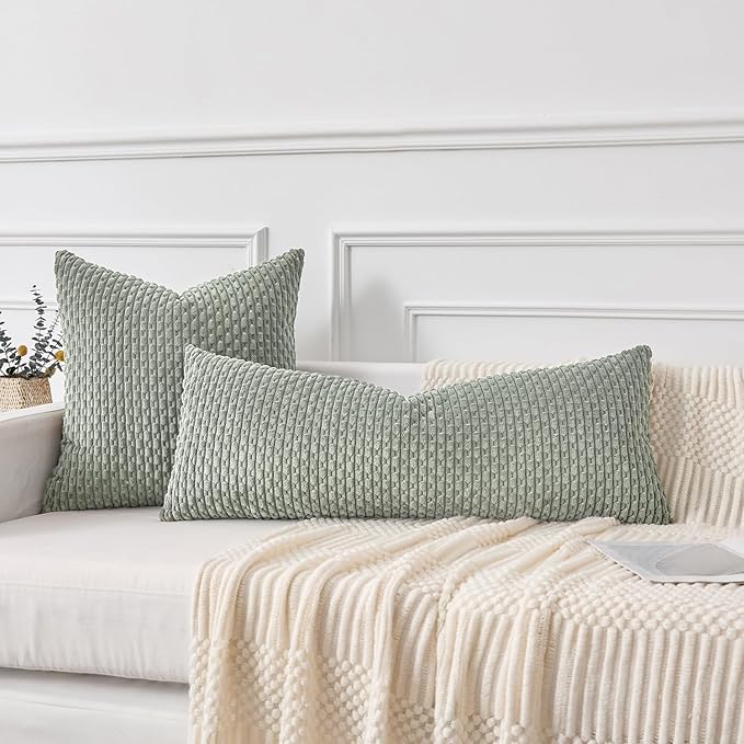 Kevin Textile 14x36 Inch Long Lumbar 1 Pack Boho Decorative Throw Pillow Cover Soft Striped Corduroy Rectangle Cushion Case Farmhouse Solid Color Accent for Living Room Couch Sofa Bed, Greyish Green