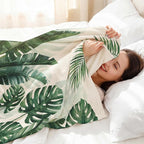 Tropical Green Leaf Throw Blanket Monstera Palm Tree Fleece Blanket for Couch and Bed Holiday Theme Cozy Soft Throw Decoration Warm Gift for Summer, 50 x 60 Inches