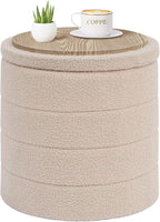 PINPLUS Round Storage Ottoman Foot Rest Stool with Tray Velvet Sherpa Folding Storage Ottoman,Boucle Foot Rest for Living Room, Bedroom, Dorm,Beige Color
