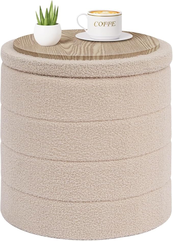 PINPLUS Round Storage Ottoman Foot Rest Stool with Tray Velvet Sherpa Folding Storage Ottoman,Boucle Foot Rest for Living Room, Bedroom, Dorm,Beige Color