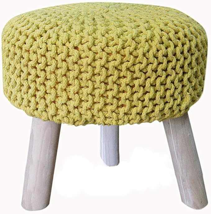 Luxurious Round Nautral Hand Knit Pouf Floor Ottoman 100% Cotton Braid Cord Wooden Foot Stool (Yellow, 20" x 20" x 20")