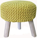 Luxurious Round Nautral Hand Knit Pouf Floor Ottoman 100% Cotton Braid Cord Wooden Foot Stool (Yellow, 20" x 20" x 20")