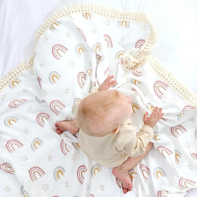 insular Cotton Muslin Baby Blanket with Tassel, Boho Bohemian Muslin Swaddle Blanket Baby Receiving Blanket with Fringe, Nursery Decor Throw or Nursing Blankets, 47" x40”, Rainbow