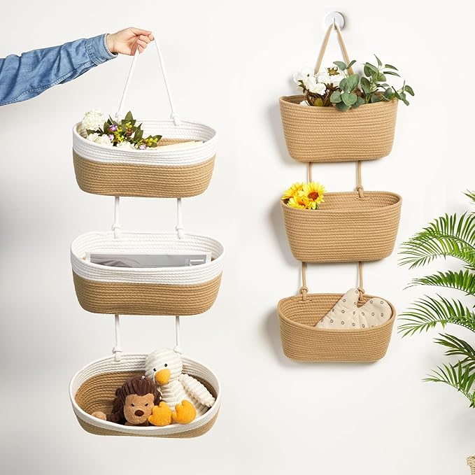 DULLEMELO Hanging Storage Basket for Organizing, 3-Tier Over The Door Organizer, Woven Wall Basket Decor Hanging Baskets for Storage, Versatile Storage for Every Room‌, White&Jute