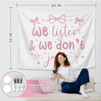 LIANGW Coquette Pink Bow Tapestry Wall Hanging, Preppy Room Decor, We Listen and We Don't Judge Aesthetic Wall Blanket, Pink Girly Aesthetic Decor for Girls Room, Dorm, Apartment, 50x60 Inch