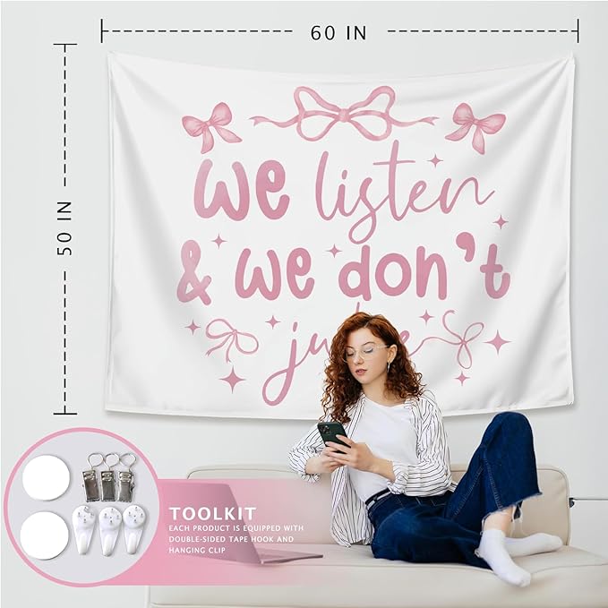 LIANGW Coquette Pink Bow Tapestry Wall Hanging, Preppy Room Decor, We Listen and We Don't Judge Aesthetic Wall Blanket, Pink Girly Aesthetic Decor for Girls Room, Dorm, Apartment, 50x60 Inch