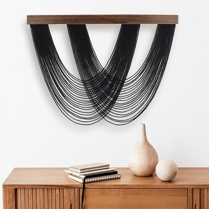 EOBTAIN Large Macrame Wall Hanging Black Yarn Tassel Woven Tapestry with Wood Board,Handmade Boho Wall Decor for Bedroom Apartment Balcony Living Room Decorations,31.5x24.4 Inch