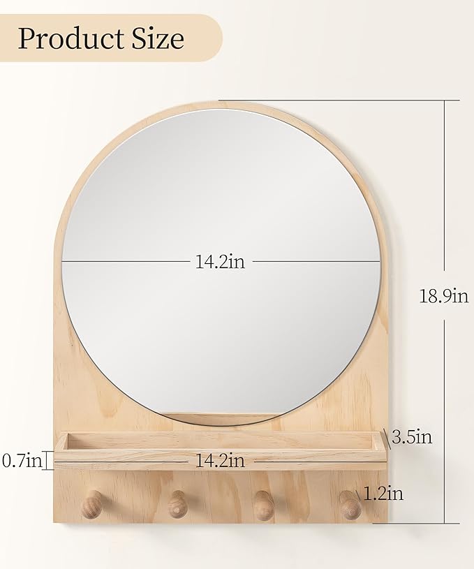 Nursery Mirror, Boho Circle Mirror Wall Mount Natural Wood Shelf Hanging Arch Modern Wall Decor for Nursery Living Room Entryway Hallway Bathroom, 14x18 Inch
