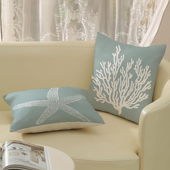 Coastal Pillow Covers 18x18 Inch Set of 2 Blue Coral Starfish Throw Pillows Nautical Ocean Decorations Summer Linen Beach Pillowcase Outdoor Decor Farmhouse Cushion Case for Home Living Room