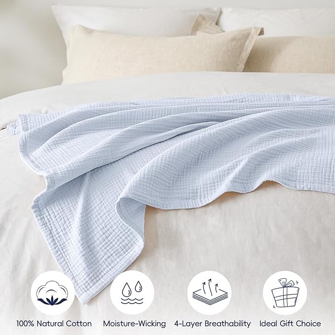 PHF 100% Cotton Muslin Throw Blanket 50" x 60", 4-Layer Lightweight Gauze Throw, Breathable Cloud-Soft Minimalist Blanket for Bed, Couch, Camping & Baby, Ancient Water, Ideal Gift
