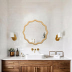 FUIN 20" Round Rattan Wall Mirror, Scalloped Wavy Wicker Frame – Handwoven Natural Boho Decor for Bathroom Vanity, Nursery & Entryway – Distortion-Free Glass
