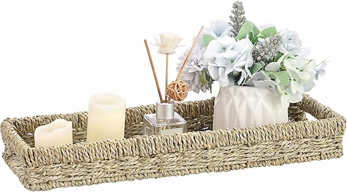 Bathroom Vanity Tray, Seagrass Long Narrow Counter Tray with Handles, Decorative Woven Organizer Trays for Toilet Tank, Shelves, Farmhouse Hand Towel Basket Holder for Storage, Natural (Large)