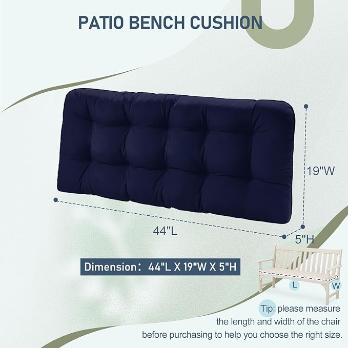 downluxe Outdoor Bench Cushion for Patio Furniture, Water Resistant Tufted Overstuffed Porch Swing Cushions, Thick Outdoor Loveseat Cushions, 44" X 19" X 5", Navy, Set of 1