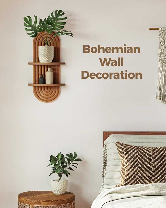 Bamworld Boho Wall Decor Brown Plant Wall Shelf Mid Century Modern Decor Hanging Plant Shelf 16.7in 2 Tier Wooden Floating Shelves for Home Bathroom Bedroom Living Room Office Holding Planter