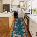 Lahome Floral Washable Runner Rug, 2'6''x8' Soft Hallway Runner Rug Non Slip, Boho Ultra-Thin Kitchen Runners for Hallways with Rubber Backing Carpet for Laundry Bedroom Bathroom Flore (Navy Blue)