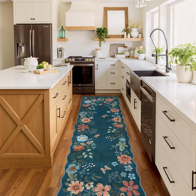 Lahome Floral Washable Runner Rug, 2'6''x8' Soft Hallway Runner Rug Non Slip, Boho Ultra-Thin Kitchen Runners for Hallways with Rubber Backing Carpet for Laundry Bedroom Bathroom Flore (Navy Blue)