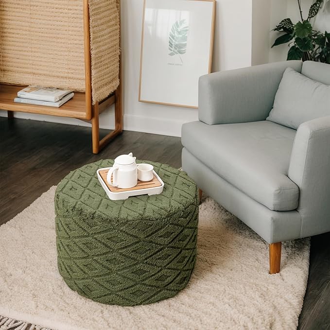 Fluffy Round Ottoman Pouf with All-in-One Foam Filling 20" x 14" Furry Ottoman Foot Rest Foot Stool for Living Room or Bedroom (Green)