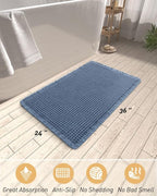 AMOAMI Upgraded Waffle Bath Mat, Super Absorbent Non Slip Bath Mats for Bathroom Floor, Machine Washable Bathroom Rugs with Tassels, Rubber Backed Bathroom Mats, Ultra Soft, 24" x 36", Blue