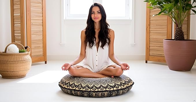 32" Gold Mandala Barmeri Large Floor Pillow Cover Cushion Meditation Seating Ottoman Throw Cover Hippie Decorative Zipped Bohemian Pouf Ottoman Poufs, Pom Pom Pillow Cases (Gold Black, 32 inch Round)