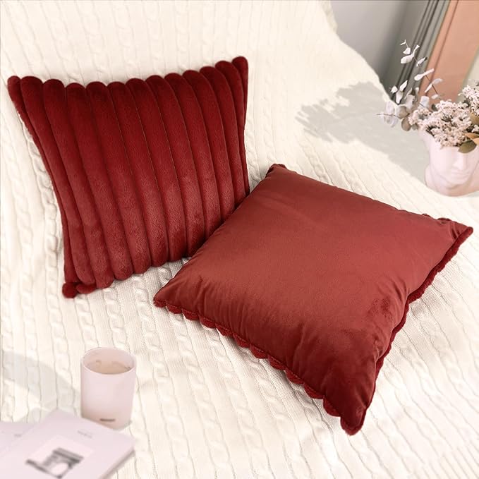 2 Pack Pillow Covers, 20x20 Faux Fur Square Throw Pillow Covers for Living Room Decorations Throw Pillow Case, Throw Pillow Cover Cushion Cover for Sofa Bedroom Car, Burgundy Red