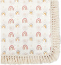 insular Cotton Muslin Baby Blanket with Tassel, Boho Bohemian Muslin Swaddle Blanket Baby Receiving Blanket with Fringe, Nursery Decor Throw or Nursing Blankets, 47" x40”, Rainbow