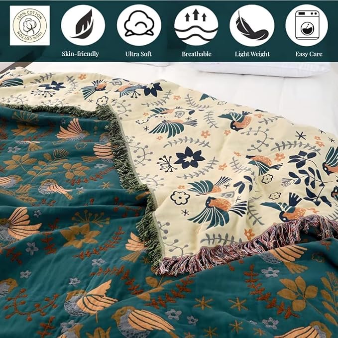 Boho Blanket for Bed 100% Cotton Bohemian Throw Blankets Ultra Soft Woven Muslin Decorative Blankets All Seasons Vintage Quilt Knitted Blanket for Sofa Chair(Blue, 80"x90")