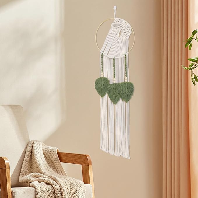 LB Boho Leaf Small Macrame Wall Hanging Green and Beige Hand Woven Cotton Tapestry Wall Art with Wood beads Modern Aesthetic Wall Decor for Home, Bedroom, Living Room
