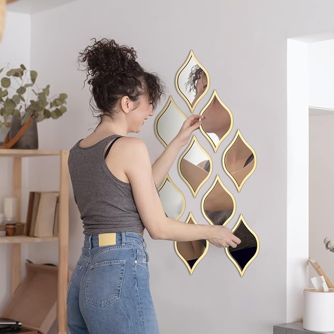 Tanlade 9 Pcs Wall Mirrors Decorative Teardrop Gold Mirror Decor Acrylic Wall Mounted Decorations Art Boho Vintage Farmhouse Gifts for Living Room Bedroom Bathroom Vanity Entryway 9.8 x 6.7 Inch