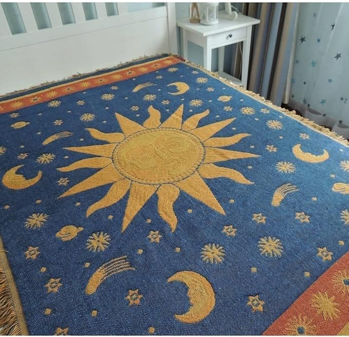 Hippie Throw Blanket Sun Moon Stars Boho Throw Blankets Celestial Tapestry Double-Sided Reversible Woven Cotton Home Decor Bedding Chair Couch Recliner Cover Oversized Tassels Astrology 50"x70"
