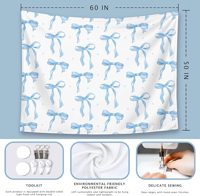 LIANGW Light Blue Coquette Trendy Preppy Wall Tapestry – Blue Bow Aesthetic Hanging Tapestry for Girls Bedroom or Dorm Room Decor,Based Blue Room Decor Aesthetic 50x60 Inch