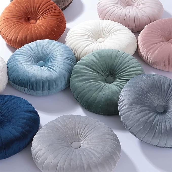HLOVME Round Pillow Cushion for Couch Velvet Decorative Small Throw Pillow Solid Color for Living Room Bed Floor 13.7”, Cream