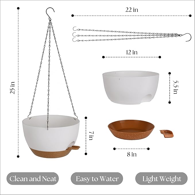 Hanging Plant Pots 12 inch Set of 2, Self Watering Hanging Planters with Drainage Holes, Indoor Outdoor Plastic Flower Pots with Hanging Chains for Balcony, Porch, Garden, Home Décor, White