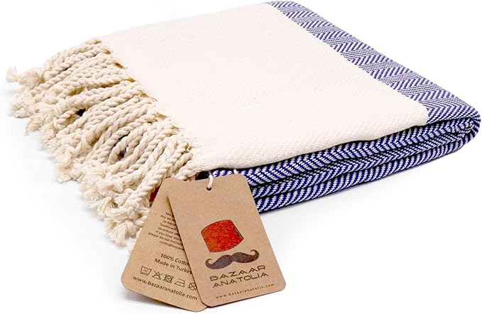 Bazaar Anatolia Turkish Beach Towel 100% Cotton Bath Towels 71x39 Quick Dry Sand Free Lightweight Large Oversized Herringbone Dark Blue