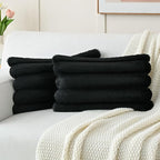 FUTEI Black Decorative Throw Pillow Covers 12x20 Inch Set of 2, Square Soft Faux Rabbit Fur Thick Striped Lumbar Pillow Case,Spring Home Decor for Couch Bed Living Room