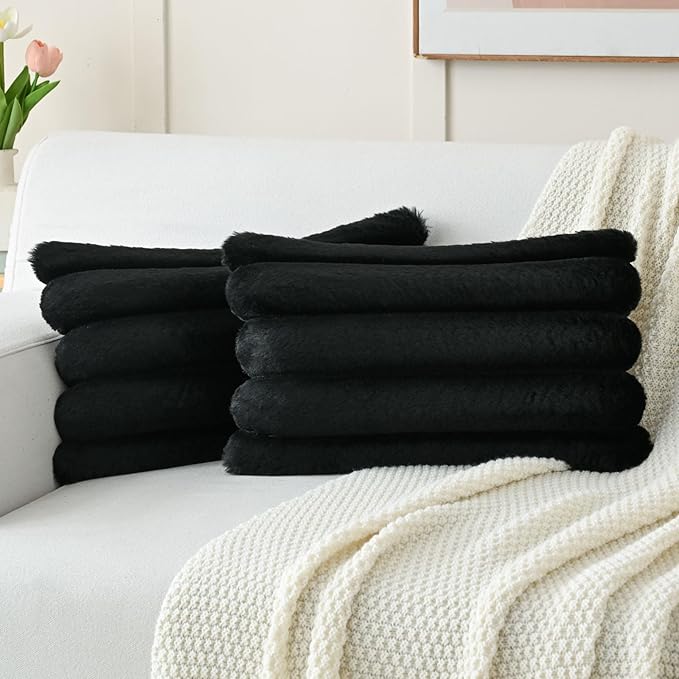 FUTEI Black Decorative Throw Pillow Covers 12x20 Inch Set of 2, Square Soft Faux Rabbit Fur Thick Striped Lumbar Pillow Case,Spring Home Decor for Couch Bed Living Room