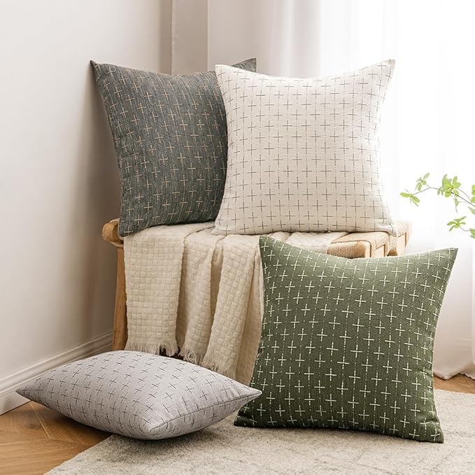 MIULEE Pack of 2 Decorative Burlap Linen Euro Sham Spring Throw Pillow Covers Modern Farmhouse Vintage Pillowcase Rustic Woven Textured Cushion Cover for Sofa Couch Bed 26x26 Inch Olive Green