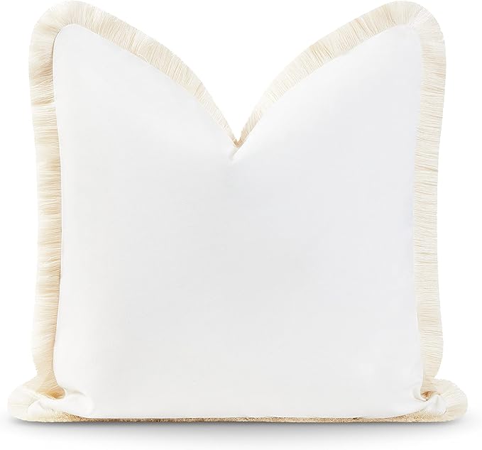 Hofdeco Premium Coastal Patio Indoor Outdoor Pillow Cover Only, 20"x20" Water Resistant for Backyard, Couch, Solid White Fringe