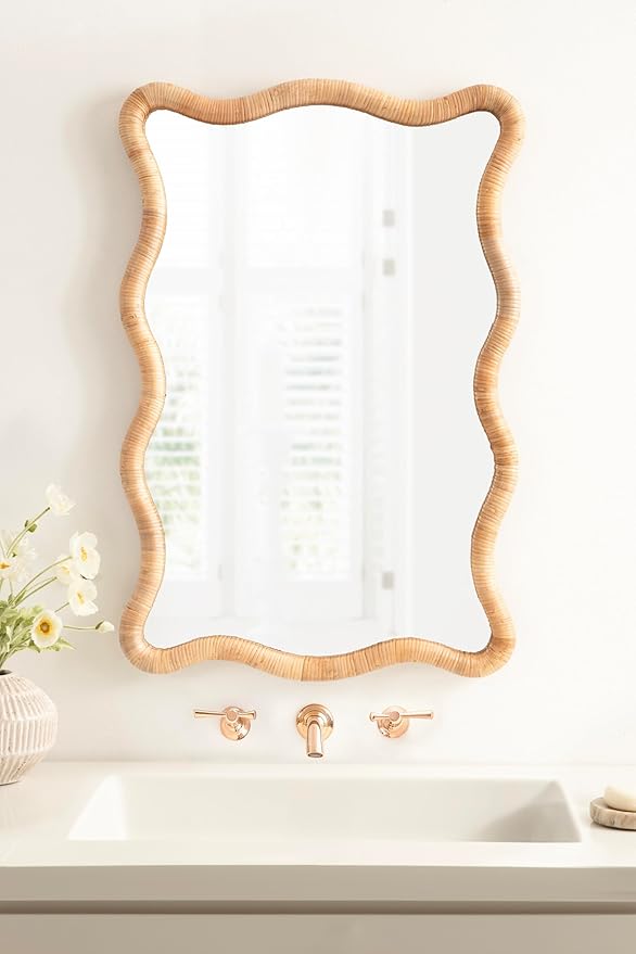 Kate and Laurel Rahfy Boho Scalloped Rectangle Rattan Wall Mirror, 24 x 36, Natural Wood, Decorative Rectangular Wavy Mirror with Authentic Rattan Frame for Bathroom Mirror Decor